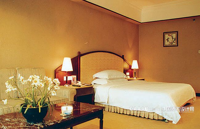 客房大床房床上用品床头柜台灯沙发茶几盆景挂画