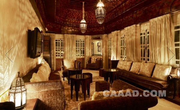 酒店小型私人聚会场所 摩洛哥风格 吊灯 吊顶装饰 沙发 茶几 窗帘